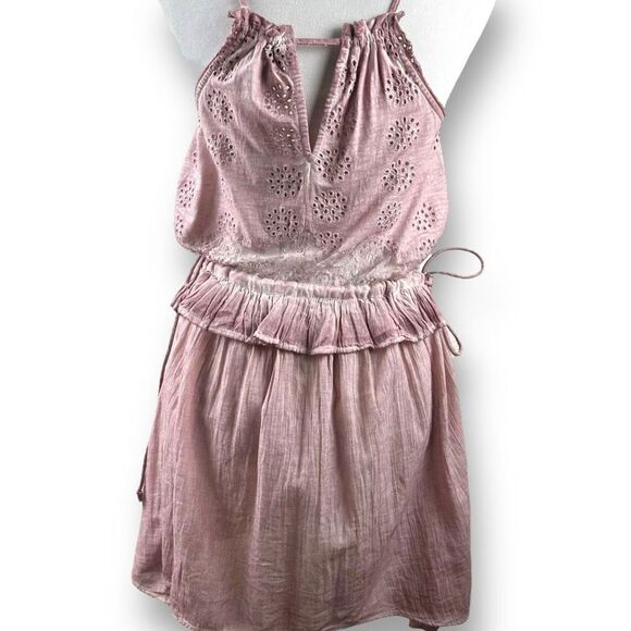 Topshop Women's Size 4 High Neck Mini Dress Pink Purple Eyelet Lace Ruffle - Picture 2 of 14